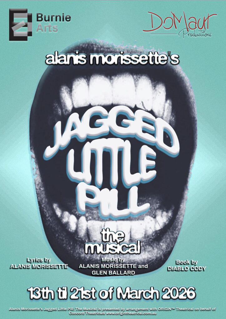 A mouth open with the words Jagged Little Pill inside it.